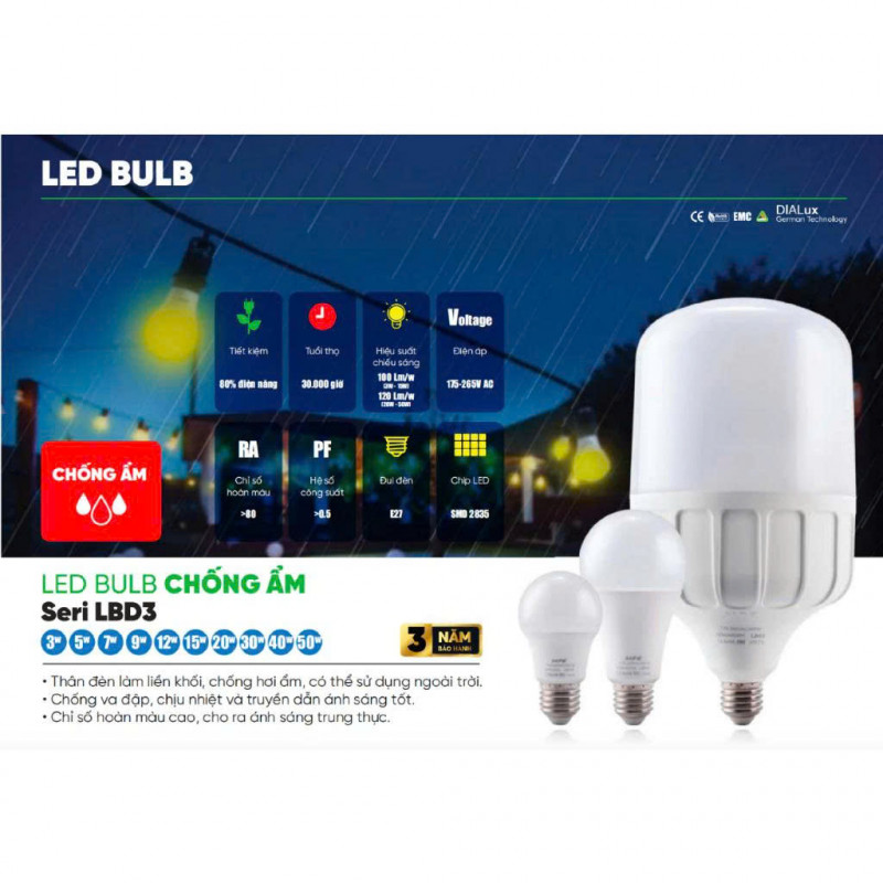 Bóng đèn Led Bulb chống ẩm LBD3 MPE 3W, 5W, 7W, 9W, 12W, 15W Ánh sáng Trắng 6500K, Vàng 3000K