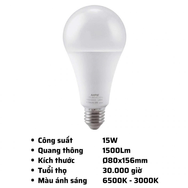 Bóng đèn Led Bulb chống ẩm LBD3 MPE 3W, 5W, 7W, 9W, 12W, 15W Ánh sáng Trắng 6500K, Vàng 3000K