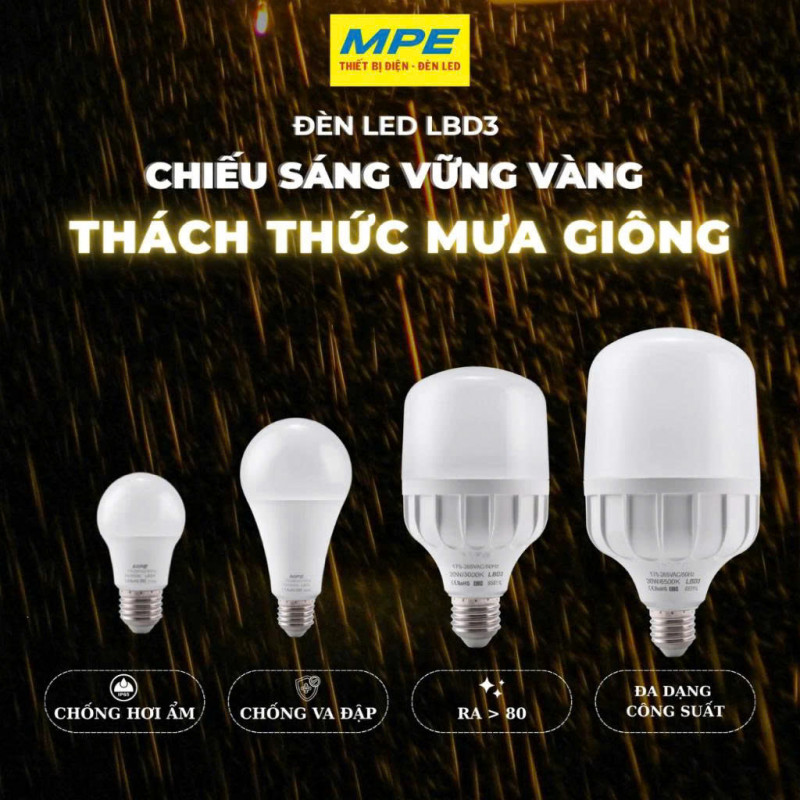 Bóng đèn Led Bulb chống ẩm LBD3 MPE 3W, 5W, 7W, 9W, 12W, 15W Ánh sáng Trắng 6500K, Vàng 3000K