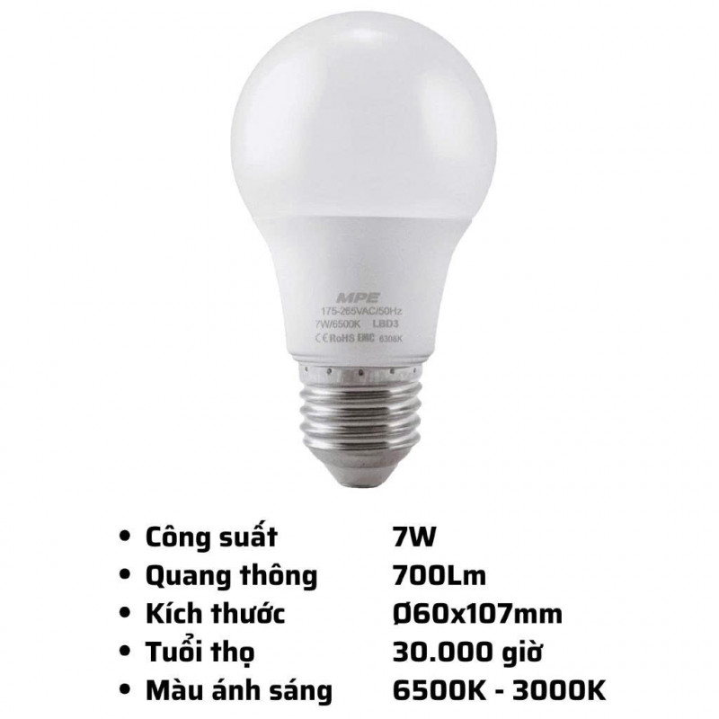 Bóng đèn Led Bulb chống ẩm LBD3 MPE 3W, 5W, 7W, 9W, 12W, 15W Ánh sáng Trắng 6500K, Vàng 3000K