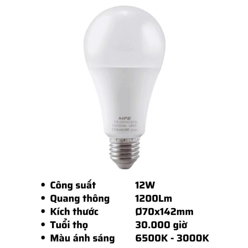 Bóng đèn Led Bulb chống ẩm LBD3 MPE 3W, 5W, 7W, 9W, 12W, 15W Ánh sáng Trắng 6500K, Vàng 3000K