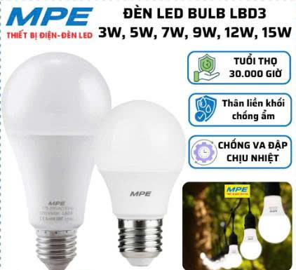Bóng đèn Led Bulb chống ẩm LBD3 MPE 3W, 5W, 7W, 9W, 12W, 15W Ánh sáng Trắng 6500K, Vàng 3000K