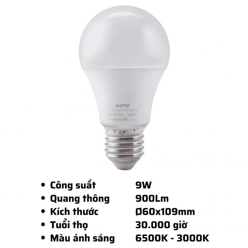 Bóng đèn Led Bulb chống ẩm LBD3 MPE 3W, 5W, 7W, 9W, 12W, 15W Ánh sáng Trắng 6500K, Vàng 3000K